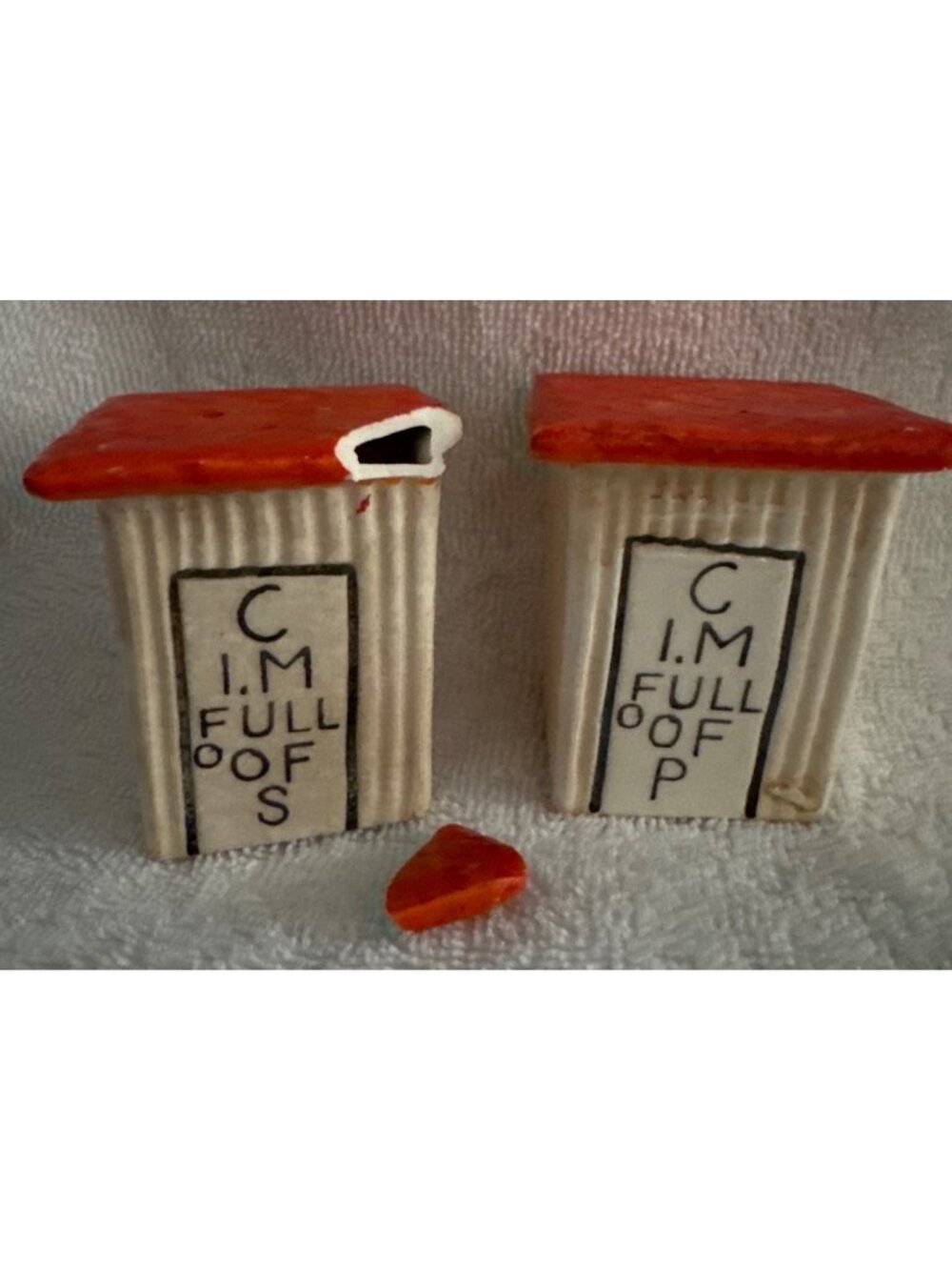 Novelty Salt & Pepper Shakers with Damage Chip on Salt Roof
